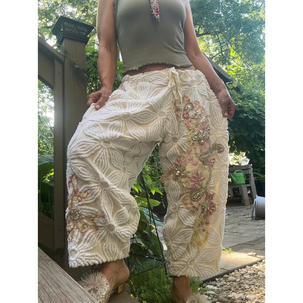 Custom made pants Reworked Boho terry cloth joggers unique bloomers jeweled art
